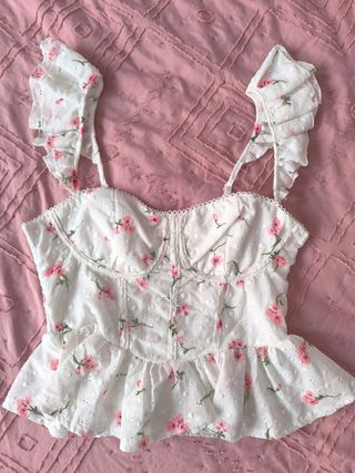 Top blanco bordado inglés - flores rosas