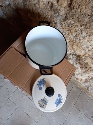 Pentola Leonia vintage bianca e blu