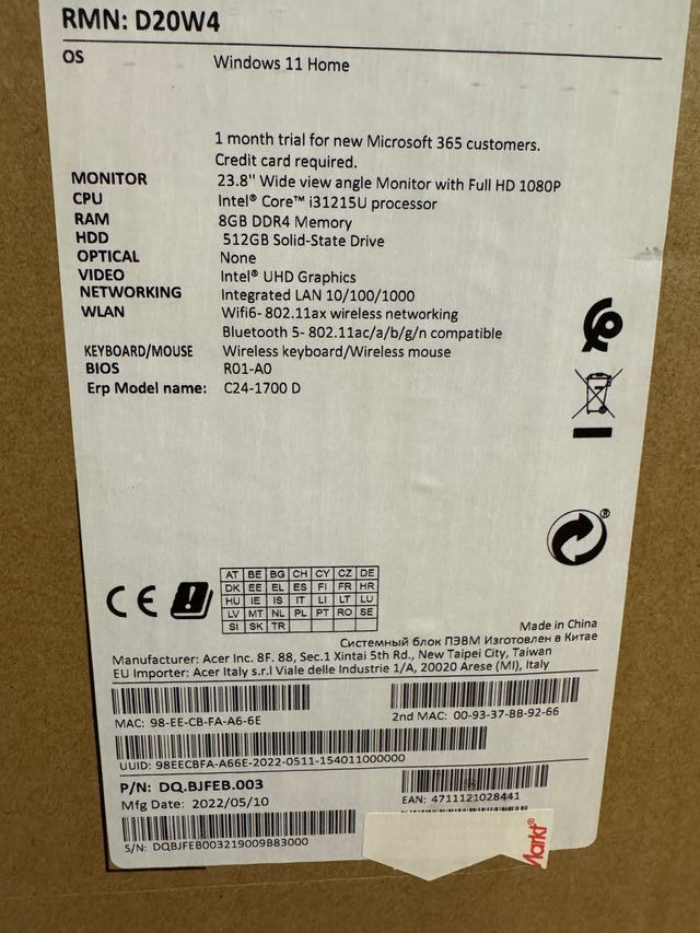 Todo en 1, Acer, 24" , i3-12, 8gb, 512gb, Win 11