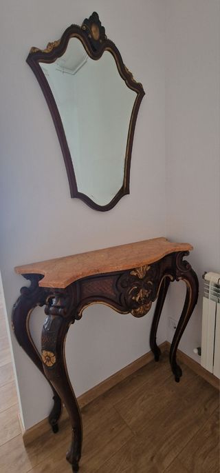 Mesa consola antigua - mármol-madera y Espejo.