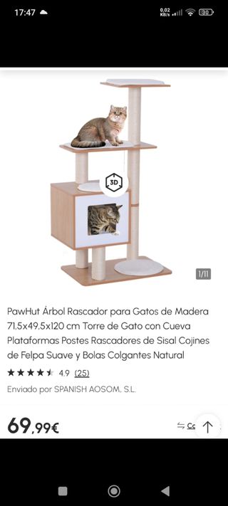 Rascador PawHut para gatos - 71.5x49.5x120cm