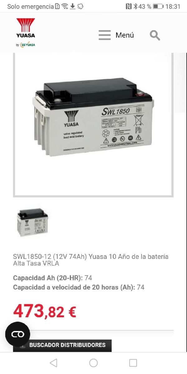 Batería Yuasa SWL1850-12 VRLA 74Ah