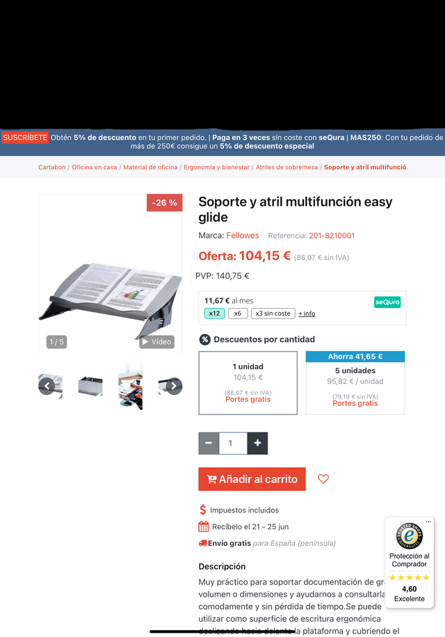 Soporte atril Fellowes Easy Glide