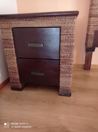 Cabecero cama de madera maciza y mimbre + 2 mesita