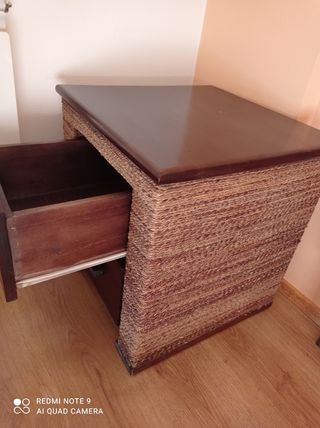 Cabecero cama de madera maciza y mimbre + 2 mesita