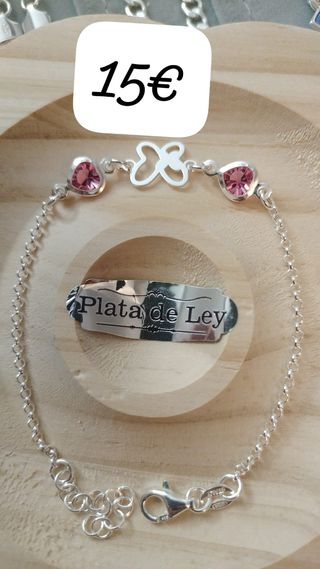 Pulsera plata ley corazones rosa