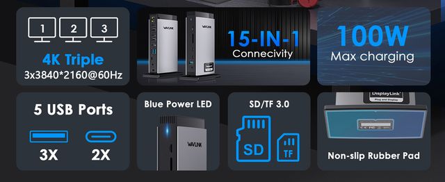 Estação de ancoragem WAVLINK Displaylink WL-UG69PD13 Pro