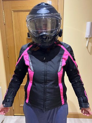 Cazadora moto mujer rosa-negra