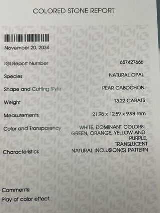 Ópalo natural 13.22 ct. Certificado