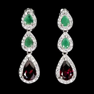 Orecchini Argento Placato Oro, Smeraldo,  Granato