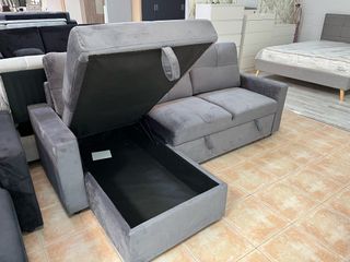 SOFA CHAISELONGUE CAMA  GRIS TERCIOPELO 3 PLAZAS