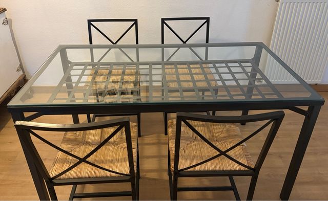 Mesa cristal y forja + 4 sillas