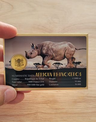 Moneda oro 999 RINOCERONTE AFRICANO 24K Chad 2024