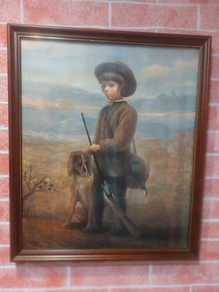 Cuadro antiguo: Niño con perro y escopeta