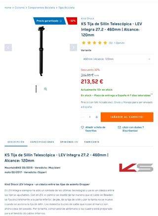 NUEVO. TIJA TELESCÓPICA BICI KS LEV INTEGRA 27,2