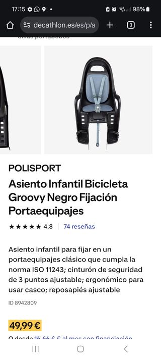 Asiento bici Polisport Groovy Decathlon