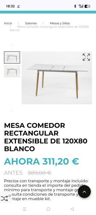 Mesa extensible blanca 120x80cm