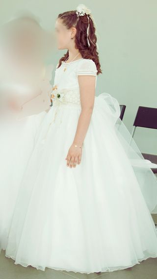 Vestido comunión niña manga corta + adorno pelo