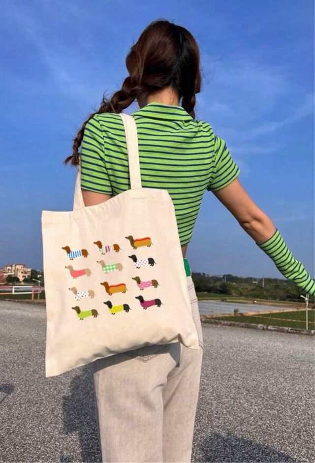 Borsa tote in tela stampa bassotti multicolor