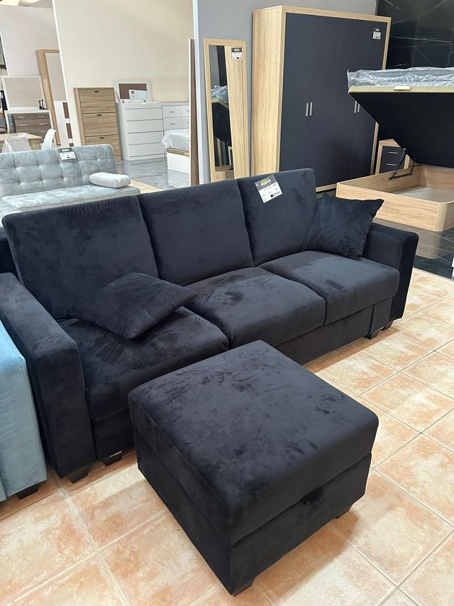 SOFA CAMA 3 PLAZAS NEGRO + ARCON + REPOSAPIES