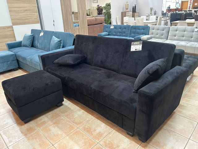SOFA CAMA 3 PLAZAS NEGRO + ARCON + REPOSAPIES