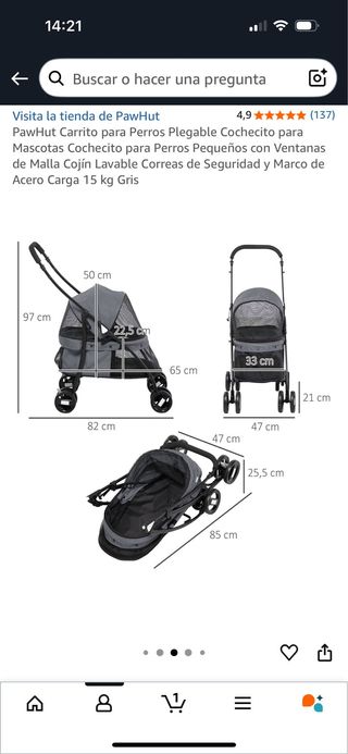 Carrito transporte mascotas gris