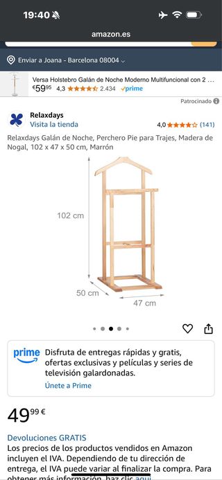 Galán de noche madera maciza