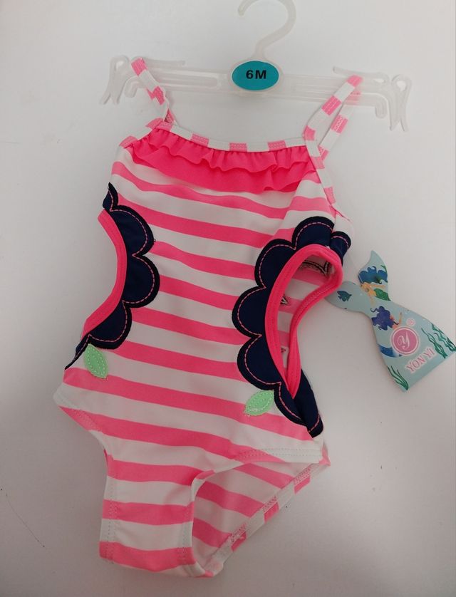 Bañador niña 6M rayas rosa - Nuevo