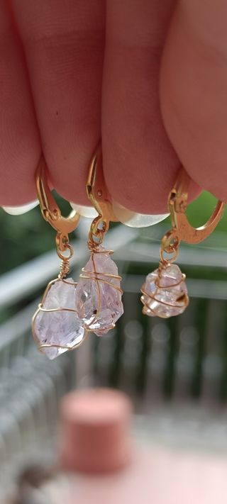 Set 3 Orecchini inox dorati Ametista Grezza