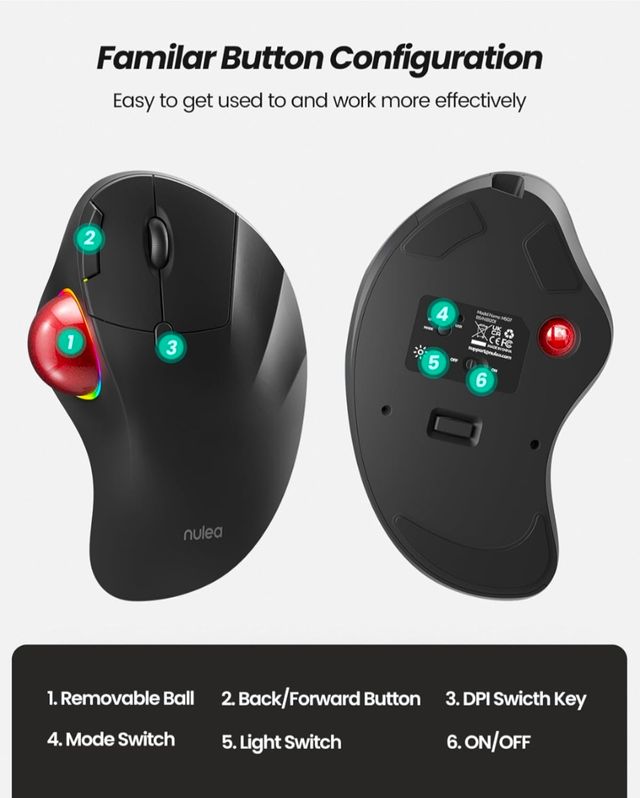 Ratón de bola inalámbrico Ergonomico RGB de pulgar