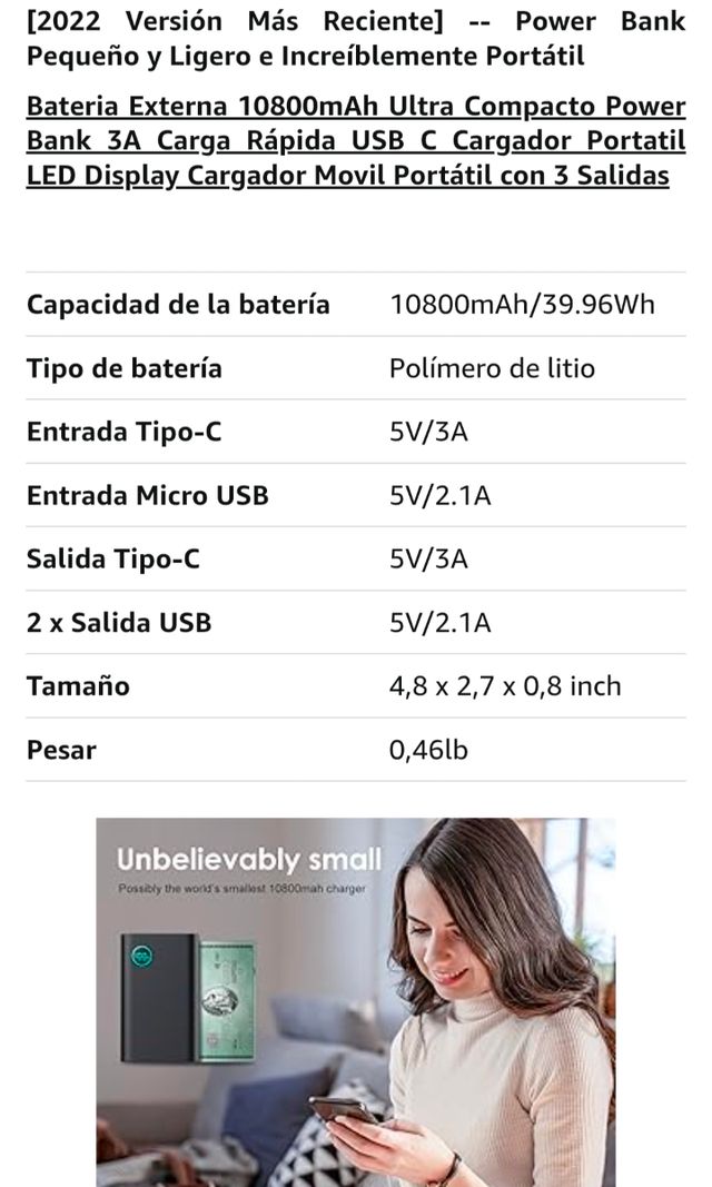 Batería Externa 10800mAh con linterna