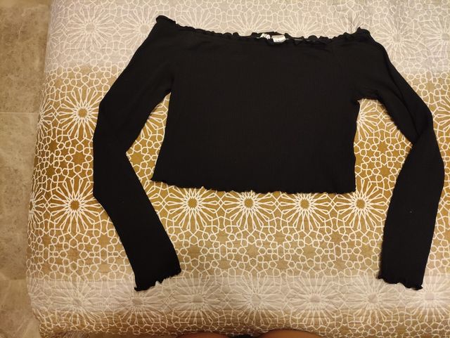 Top negro canalé, manga larga talla M