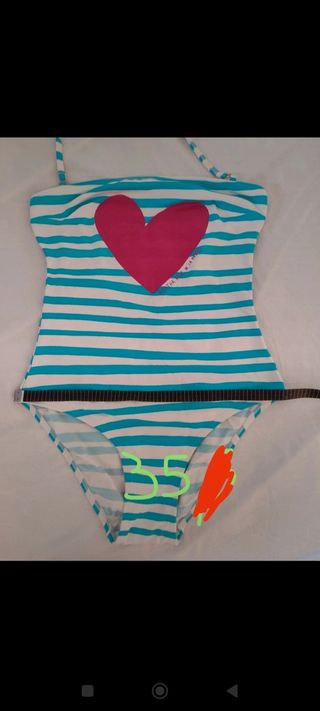 Bañador rayas turquesa-blanco, talla 36-38