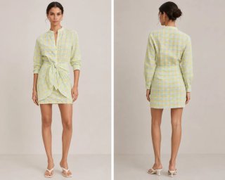 Vestido corto de cuadros amarillo y azul. Mango XS