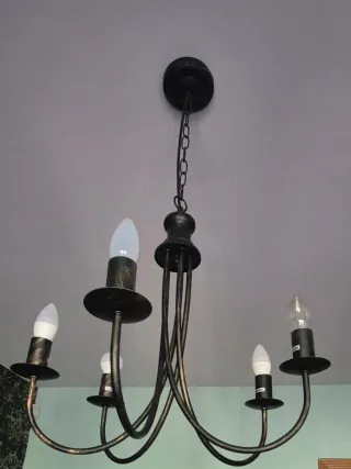 Lámpara forja 5 brazos, pantallas beige