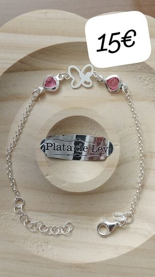 Pulsera Plata Ley corazones rosa