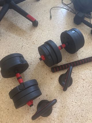 Kit pesas 20kg: mancuernas, barra, 2 push