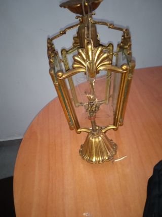 Lámpara antigua dorada metal y cristal