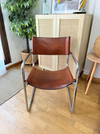 Silla vintage cuero marrón acero