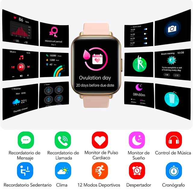 Smartwatch 1.7" Mujer Rosa Oro reloj inteligente