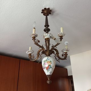 Lámpara araña bronce porcelana vintage