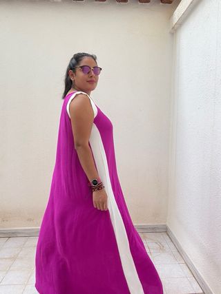 Vestido largo morado-blanco