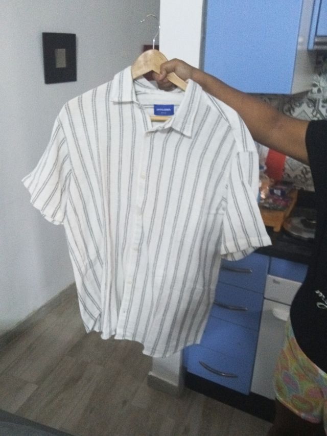 Camisa rayada algodón blanco-gris