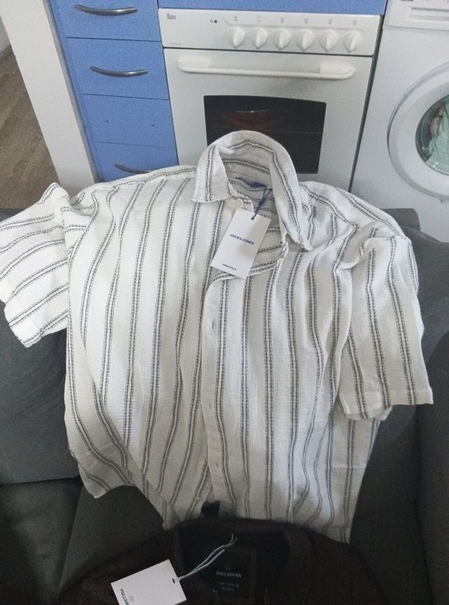 Camisa rayada algodón blanco-gris