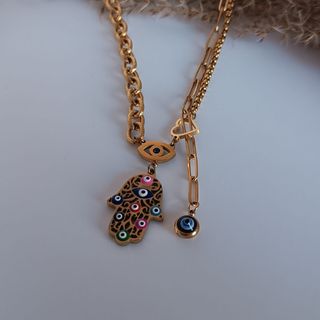 Collar acero-Hamsa multicolor