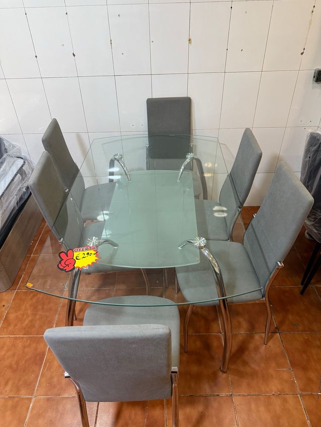 OFERTA MESA DE CRISTAL + 6 SILLAS NUEVO 90x1,50cm