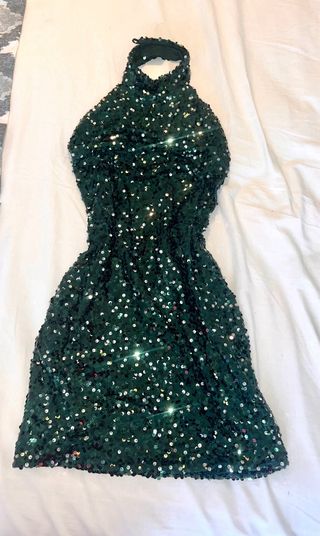 Mini Vestido Y2K Lentejuelas Verde Botella Halter