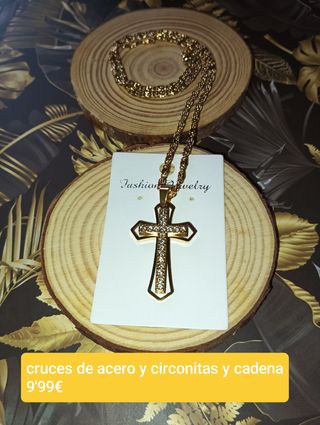 Crucifijo acero zirconitas dorado