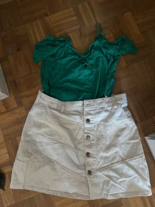 Conjunto top verde & falda beige