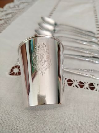 Juego de 6 cucharillas + vasito plata